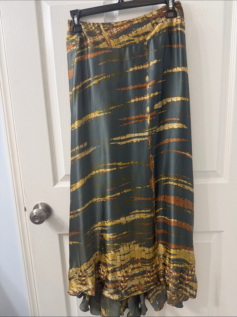 Soft Surroundings Green 100% Silk Maxi Skirt with Gold and Bronze Stripe Print